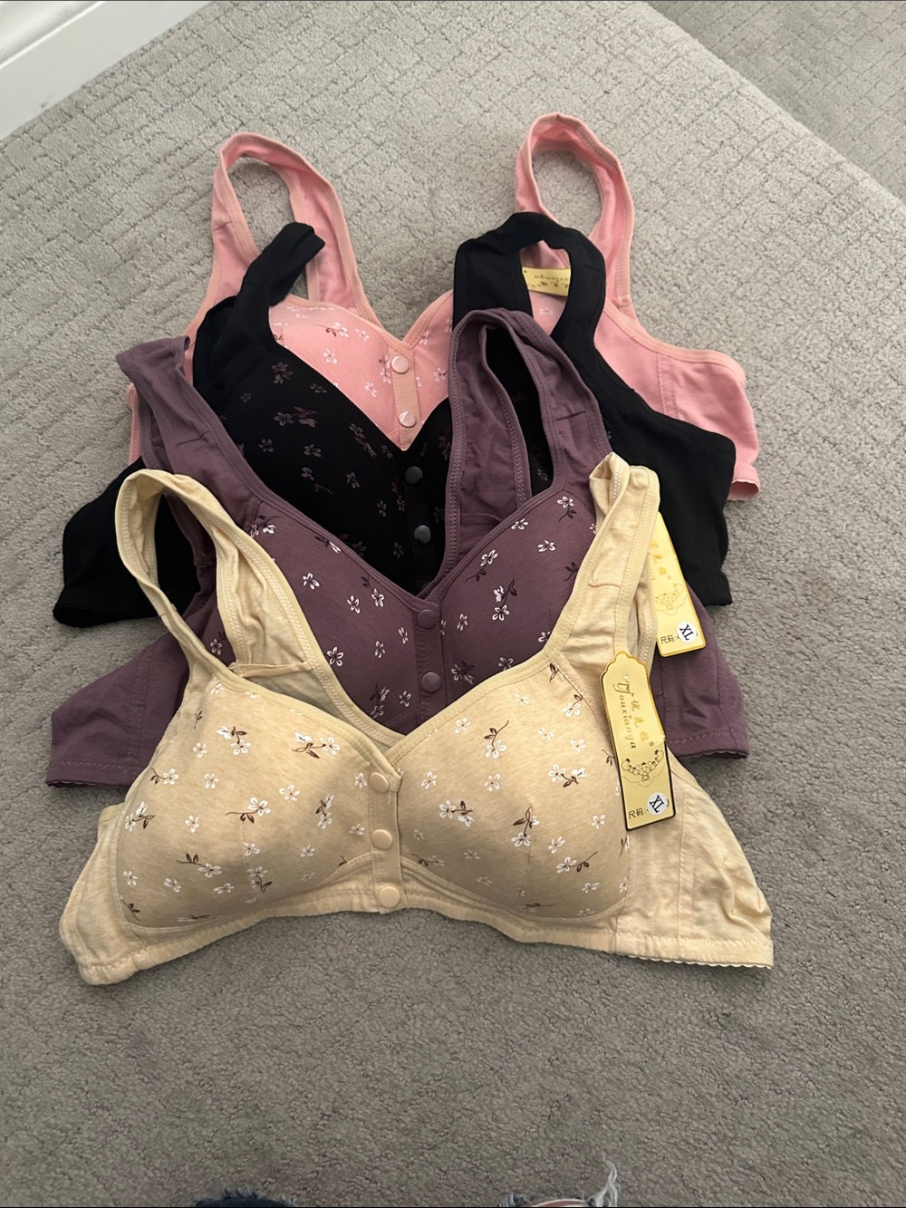 Front-Closure Floral Cotton Blend Bra - Yellow, Mauve, Black, Pink